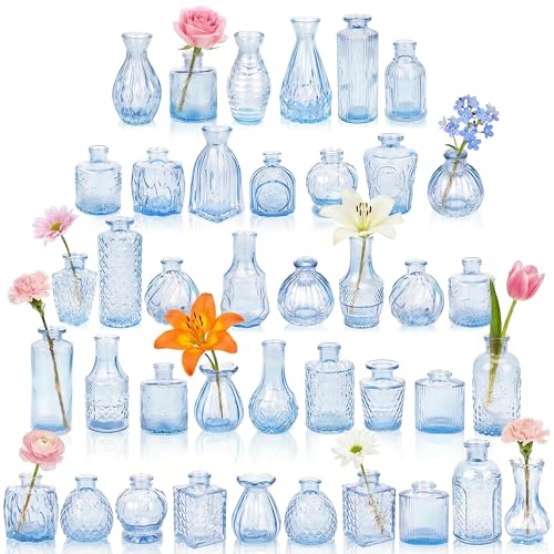 Glass Bud Vases in Bulk Set of 40 Blue Small Mini Vases for Flowers Vintage Vase for Centepiece Wedding Table Decor Baby Shower Christmas Home and Events