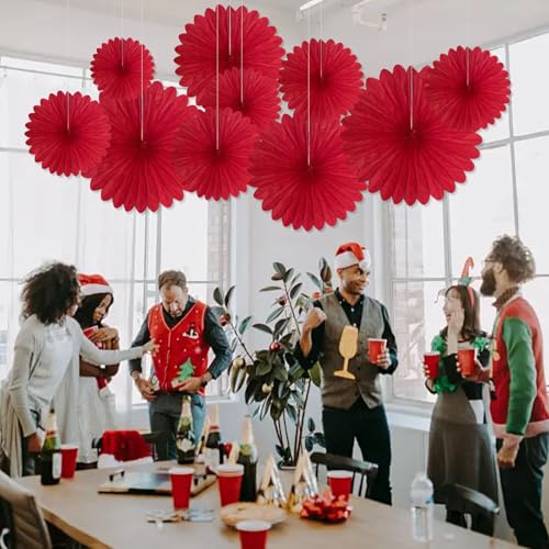 Image of 20 Pcs Red Hanging Paper Fan, Hanging Honeycomb Round Paper Fans for Weddings, Birthdays, Valentine's Day, Baby Showers, Classroom, Events Ceiling Party Supplies Decorations
