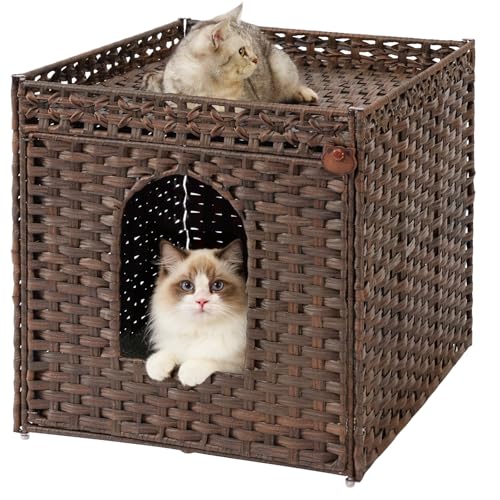 Image of SETVSON Cat Litter Box Enclosure, Large PE Rattan Side Table, Brown