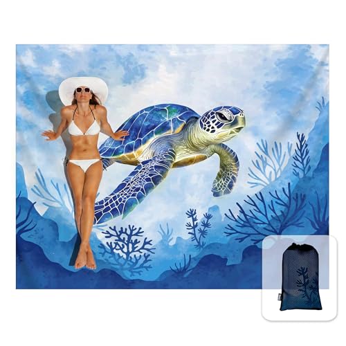 Image of Sunlit Silky Soft 81 inchx106 inch Sand Proof Beach Blanket Sand Proof Mat with Corner Pockets and Fashion Mesh Bag for Beach Party, Travel, Camping and Outdoor Music Festival, Blue Turtle and Coral