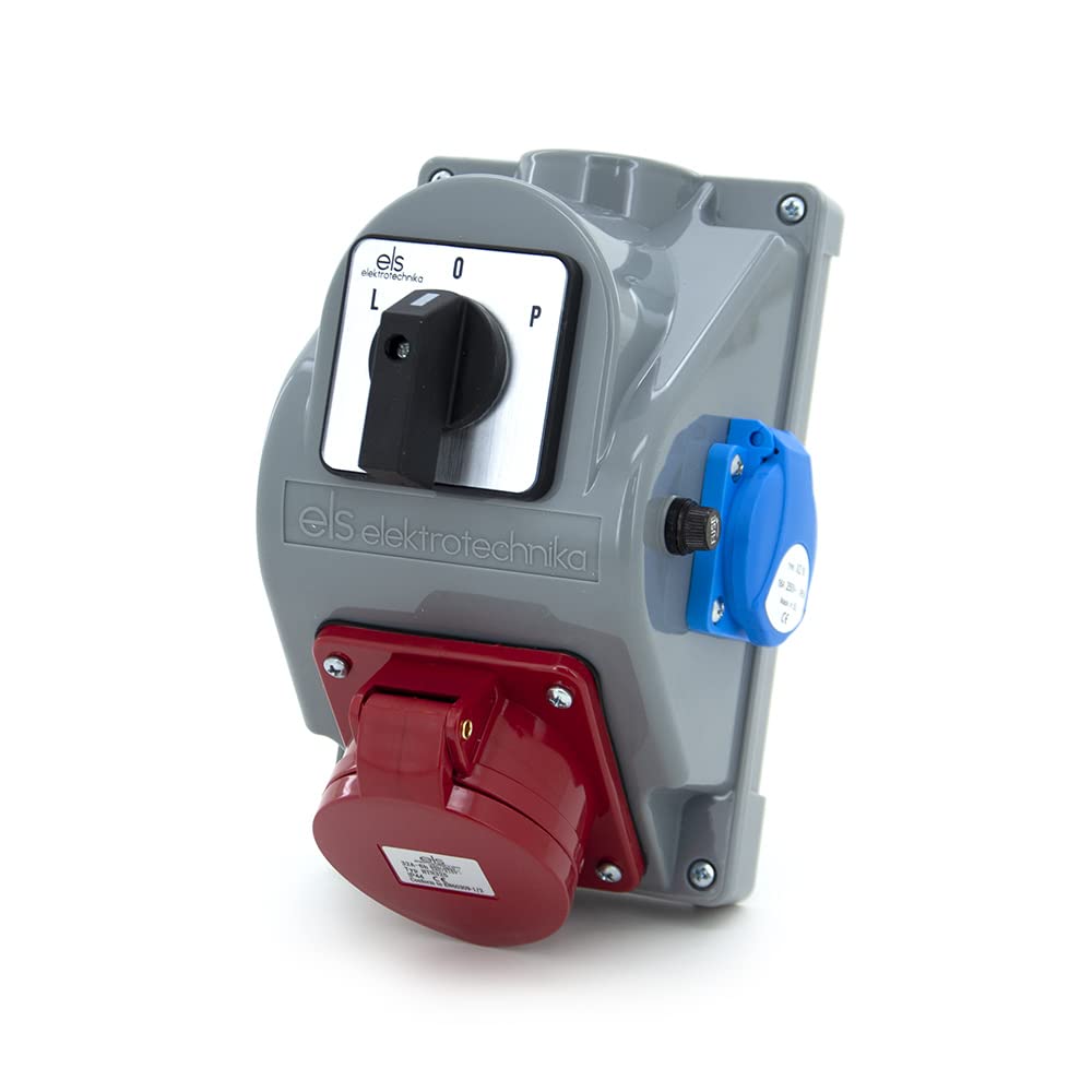 ELS Elektrotechnika Distributore di corrente da costruzione, a parete con 1 CEE 32 A e 1 Schuko da 230 V e interruttore a camme L0P, IP44, cablato, pronto per il collegamento, per cantieri,