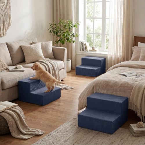 Image of YENING Large Dog Stairs for High Beds - Extra Wide Pet Steps for Large Dogs to Get on Tall Bed 3 Deep Step Cat Ramp for Couch 2 Steps Navy Blue