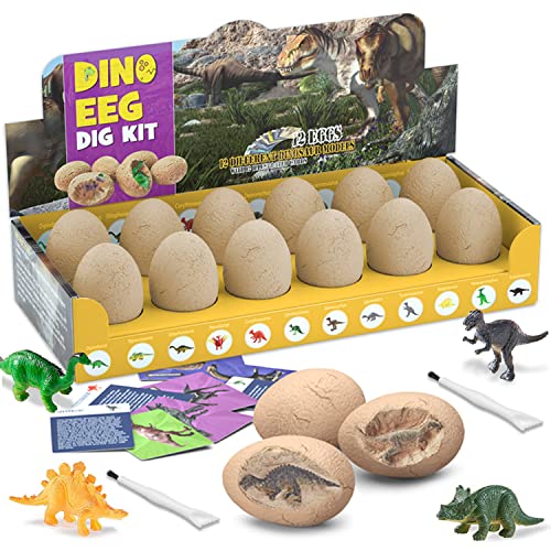 TIME4BUY Huevos de Dinosaurio Excavación Kits, Juguetes de Dinosaurio para Niños con 12 Diferentes, Dino Egg Kit Arqueología Ciencia Educativa Regalo para...