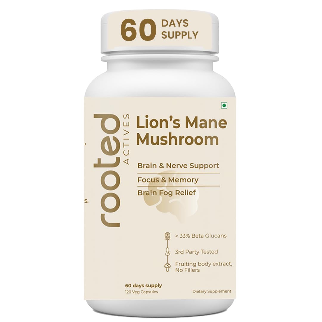 Rooted Lion’s Mane Mushroom Extract Capsules – 38% Beta Glucan, Fruiting Body, 3rd Party Tested, Brain Support for Focus, Memory & Mental Clarity – 120 Veg Caps