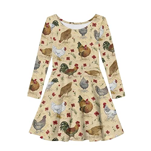 HELLHERO Vestido de manga larga para niñas Una línea Twirly Skater Vestido casual 2-14 años, Chicken Rooster, 13-14 Años