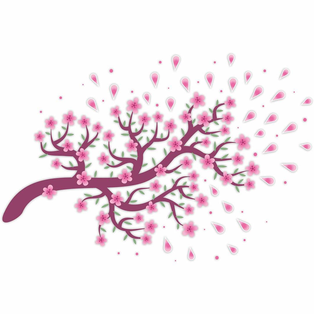 KREEPO Pink Flower & Little Leaves Branch Self-Adhesive PVC Vinyl Wall Sticker for Wall Decor Size(60cm x 90cm)_kr5
