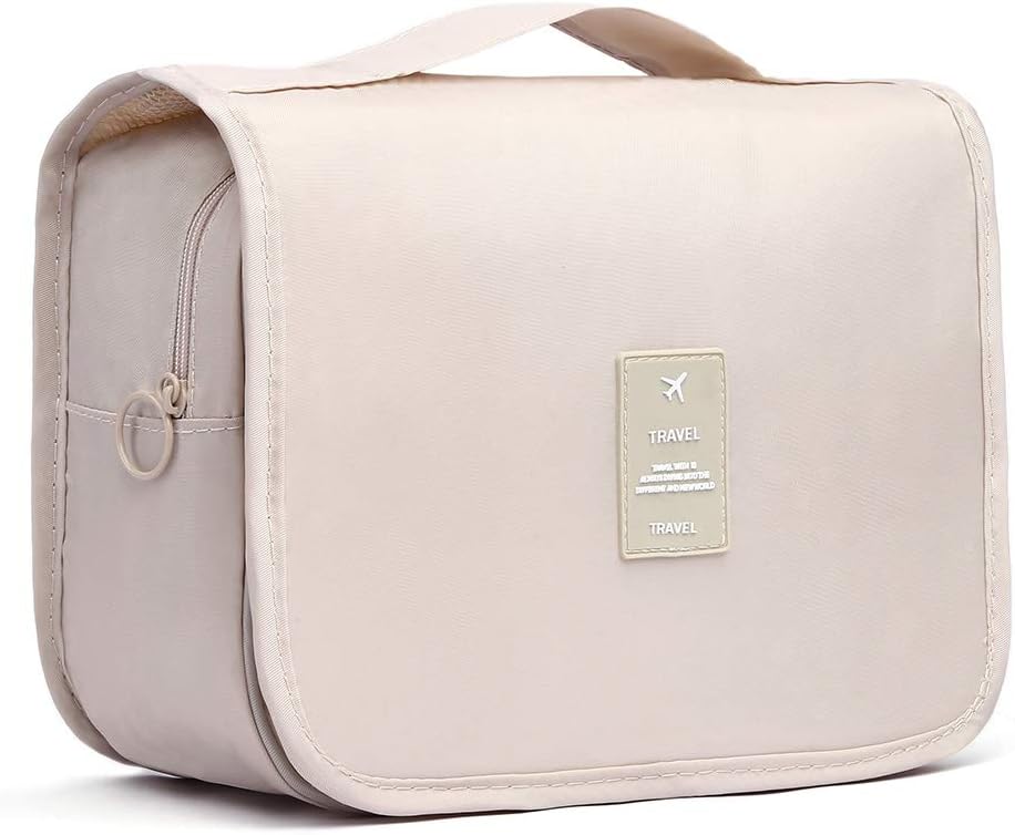 Travel Toiletry Bag Portable Hanging Cosmetic Bag Large Makeup Case Organizer for Women & Men, with Hook and Multi-pocket Zipper, Beige