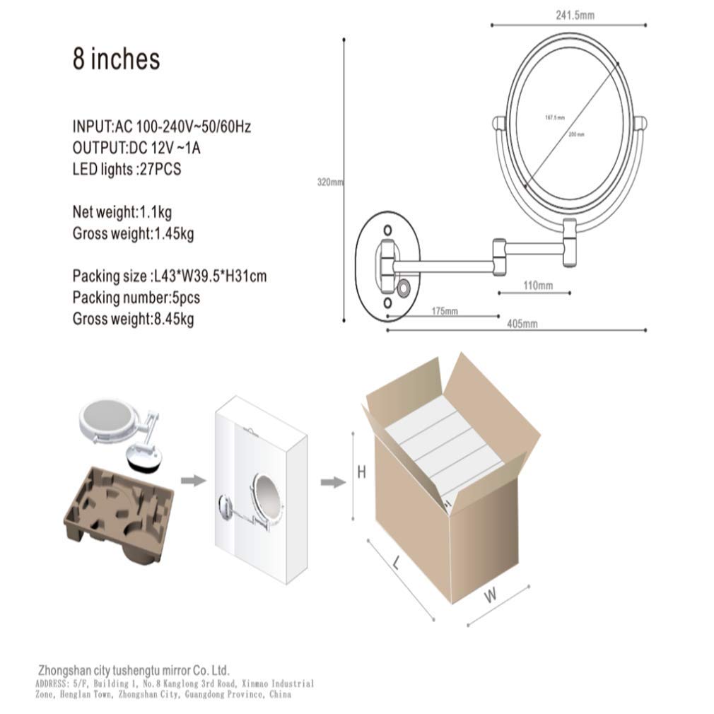 Espejo de maquillaje LED de doble cara de 360°, espejo de tocador montado en la pared con aumento de 7X/10X, extensible para una rutina de belleza definitiva en el baño
