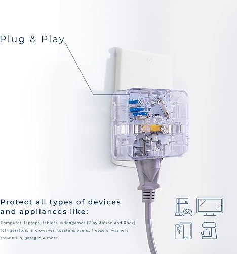 Miniatura 4 de Clamper Protector de sobretensiones de 3 tomas de 1800 julios, 1875 W, para TV, PC, Xbox, PS5, refrigeradores y otros electrodomésticos (protector