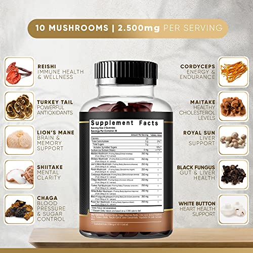 Mushroom Gummies | 10 Mushroom Supplement - 2500mg - Turkey Tail, Chaga, Reishi, Cordyceps & Lions Mane Organic Mushroom Extracts, Nootropic Brain Booster For Focus, Memory, Clarity, Energy | 60ct - Image 3