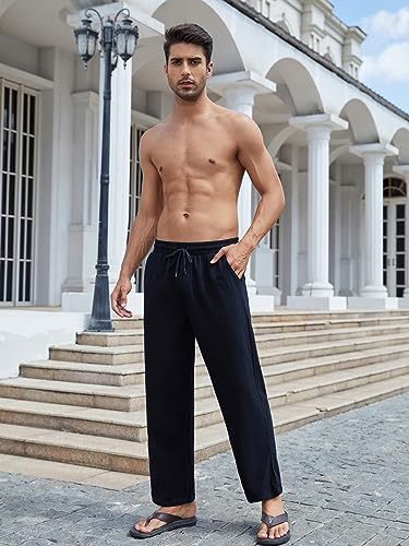 Men's Cotton Linen Loose Pants Casual Drawstring Elastic Waist Beach Trousers2