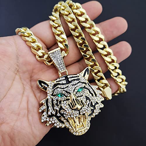 Iced Gold Plated Large Simulated Diamond Tiger Head Bling Pendant & 10mm 18" 20" 24" 30" Cuban Chain Hip Hop Rapper Jewelry Necklace2