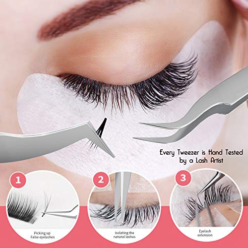 Pinzas de pestañas SIVOTE pack de 3 herramientas plateadas mate para extensiones y volumen 7