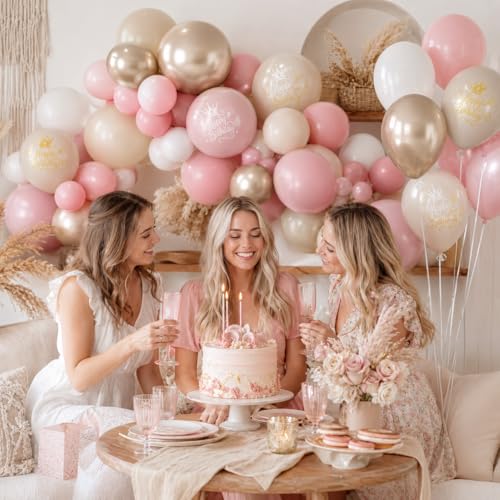 Image of Dusty Pink Beige Gold Birthday Balloons for Women Girls, Double Stuffed Pearl Light Pink Dusty Rose Sand White Cream Printed Balloons with Metallic Light Gold Balloon for Boho Neutral Birthday Party