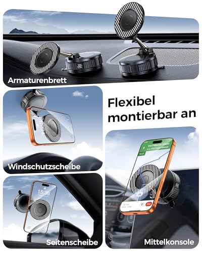 EGV Handyhalterung Auto Magnet – Upgraded Vakuum Saugnapf KFZ Magnethalterung, 360°Drehbar, Kompatibel mit MagSafe-Geräten, Autohalterung für iPhone & Alle Smartphones, Schwarz 6