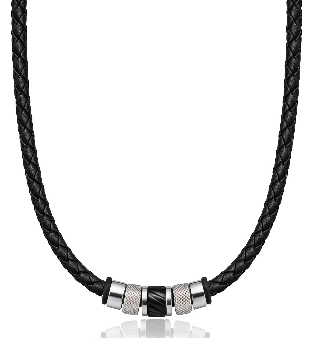Lederkette Herren aus Rindsleder mit Edelstahl-Beads | Schwarzes 5-mm-Rindsleder mit Edelstahl-Beads, Hebeldruckverschluss und Geschenkbox. In 45, 50 und 55 cm erhältlich.