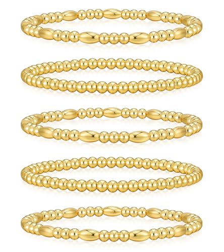Howoo Gold Bracelets for Women 18K Stretch Beaded Bracelets Gold Bracelet Stack Plated Bead Ball Bracelet Set Gold Jewlery for Women Trendy