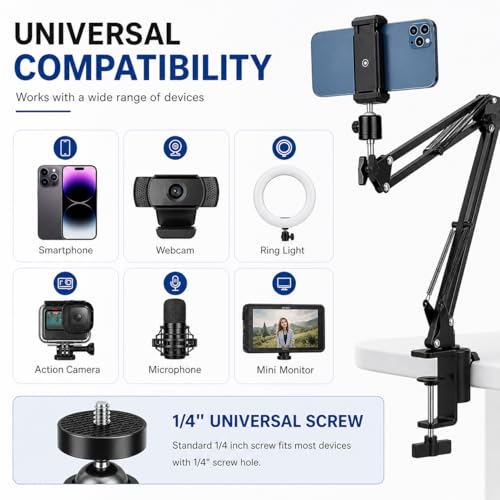 Image of Overhead Tripod Mount Hinged Arm with Mobile Phone Holder, Adjustable Suspension Scissor Desk Clamp Stand for Video Recording, Live Streaming, Webcam, Ring Light (Big Mount Hinged Arm)
