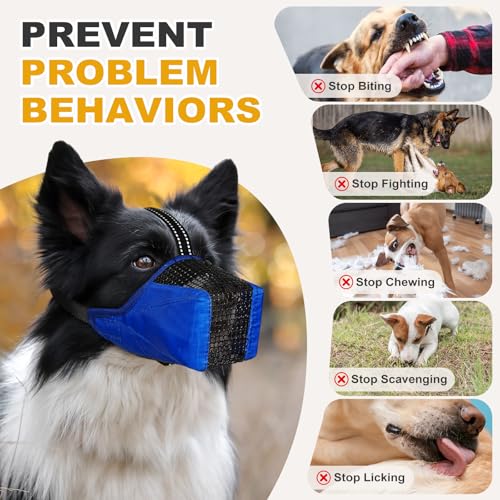 Image of Mesh Dog Muzzle, Breathable Soft Dog Muzzle with Reflective Straps for Secure Fit, Prevents Biting, Chewing Scavenging- Adjustable for Small Medium Large Dogs,Blue,S