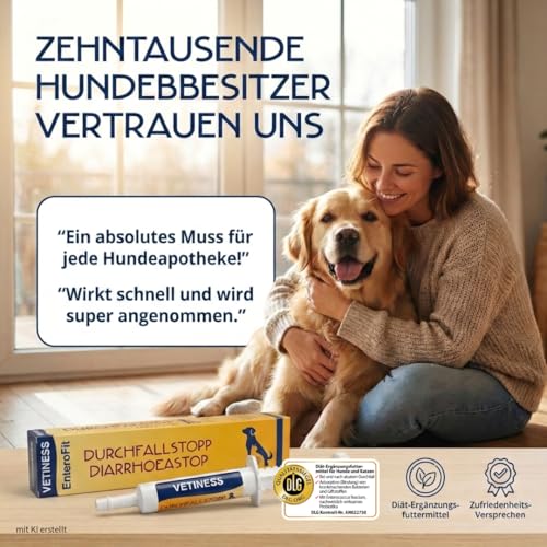 vetiness EnteroFit Durchfallstopp Paste für Hunde 30 ml – bei akutem Durchfall Hund und Darmstörungen – Diätergänzungsfuttermittel mit Aktivkohle, Bentonit und Probiotikum