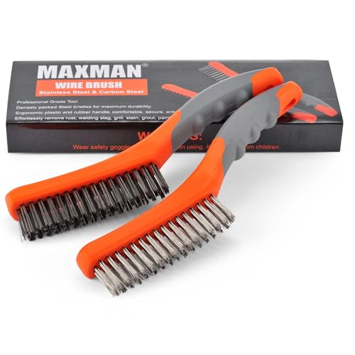 MAXMAN Wire Brush Set, Heavy Duty Stainless Steel and Carbon Steel Wire Brushes for Cleaning Rust, Grill, Dirt, Paint Removal, Welding, Stiff Bristle Metal Brush with 10' Plastic Handle, Large, 2Pcs