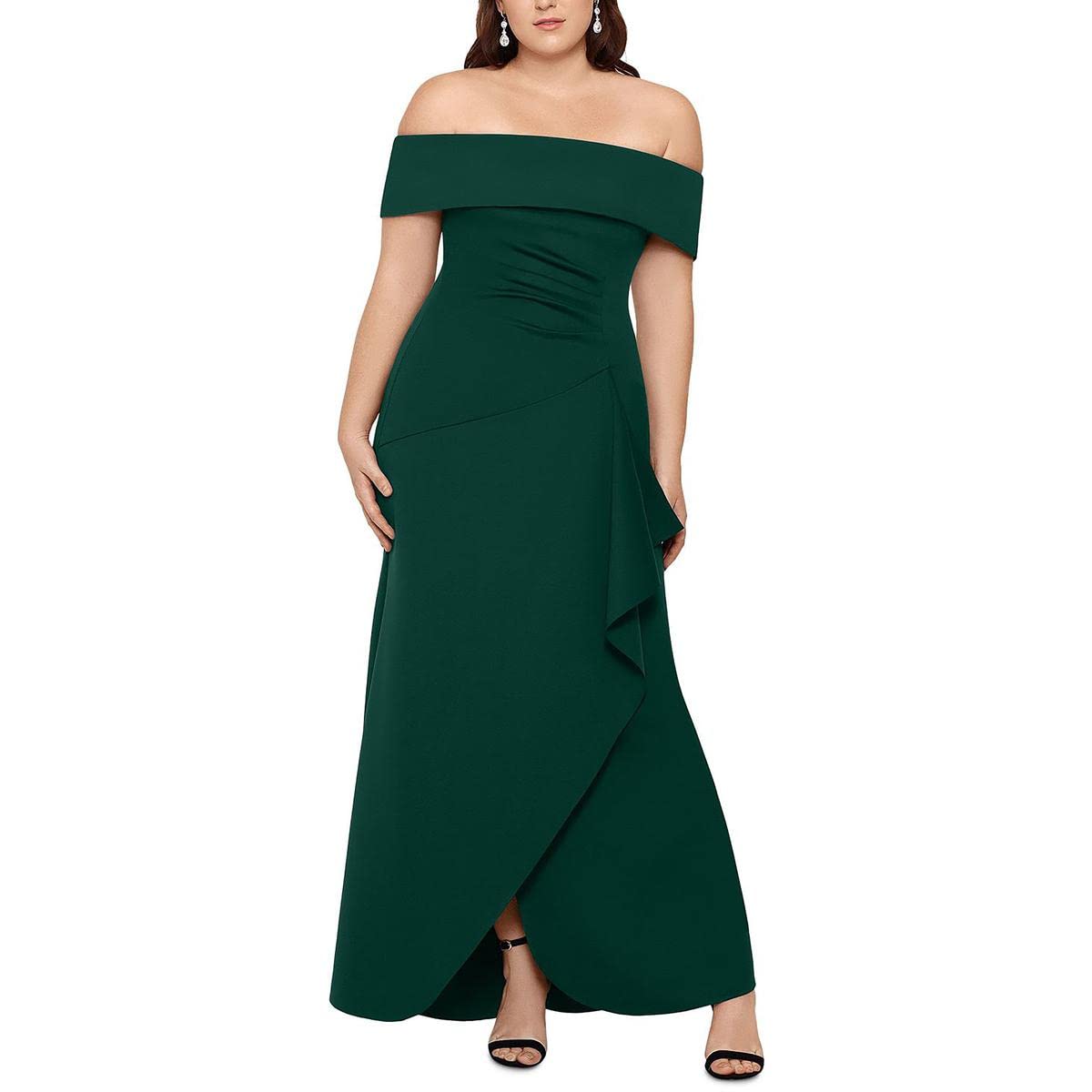 Xscape Plus Size Long Scuba Off-The-Shoulder Dress