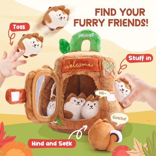 Image of JoyCat Baby Toys 6-12 Months - Soft Baby Treehouse with 5 Sensory Squirrels - Rattle, Crinkle Paper, Squeaker, Mirror, Busy Montessori Soft Toys for Toddlers 0-3 Years Old - Easter Basket Stuffers
