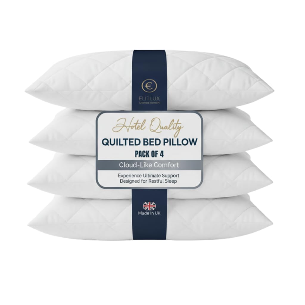 Elitlux White Hotel Quality Quilted Pillows 4 Pack – Soft & Supportive Down Alternative Filling – Comfortable Firm Pillows For Side, Back & Stomach Sleepers – Machine Washable (White)