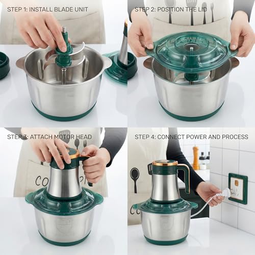 Image of 3L Electric Food Chopper & Meat Grinder - 500W Stainless Steel Food Processor with Quad-Blade System - SS304 Mixing Bowl for Meat, Veggies & Purees - Green /Rose Gold