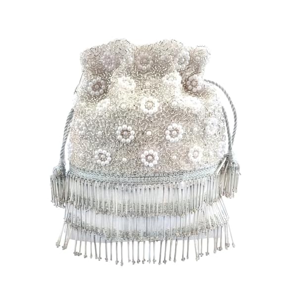 DUCHESS Silver Pearl Embellished Beaded Tassel Potli Bag For Weddings (Silver)