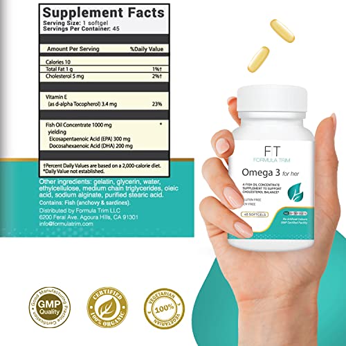 Formula Trim Omega 3 For Woman | 1000 Mg Omega 3 + 300 Mg Epa, 200 Mg Dha, & 3.4Mg Vitamin E – Softgel | Promotes Healthy Skin, Brain, & Immune System | Gluten & Soy Free | 45 Serving #TOP6