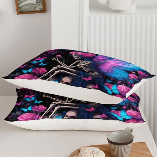 Image of QOOMO Cartoon Skull Kids Comforter Set,Blue Butterfly Bedding Set Twin Size for Boys Girls Room Decoration,Black Bed Set Microfiber Lightweight,1 Comforter 2 Pillowcases