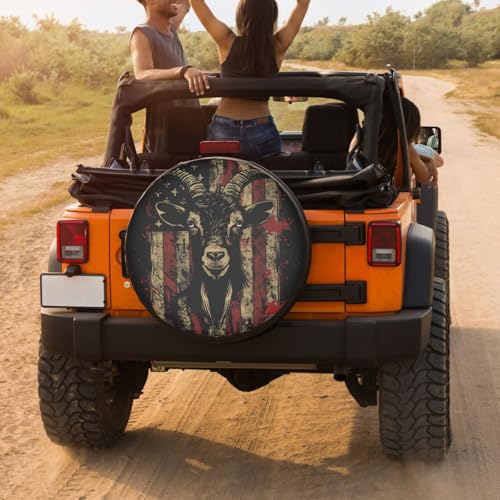 Image of Delerain Goat American Flag Spare Tire Cover Wheel Protectors Sun Protector Waterproof for Trailer RV SUV Truck and Many Vehicle(16 Inch for Diameter 29 inch-31 inch)