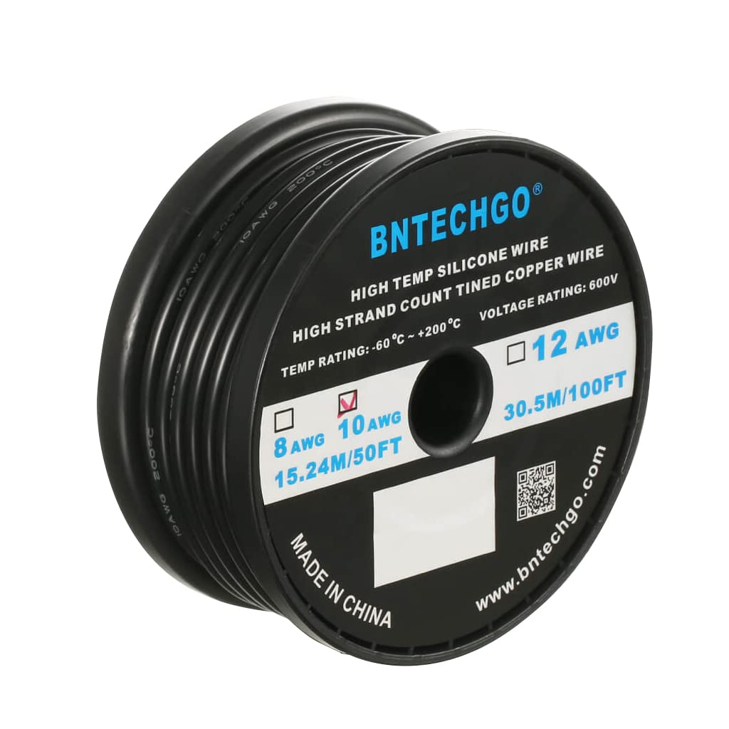 BNTECHGO 10 Gauge Silicone Wire Spool Black 50 feet Ultra Flexible High Temp 200 deg C 600V 10 AWG Silicone Rubber Wire 1050 Strands of Tinned Copper Wire Stranded Wire for Model Low Impedance