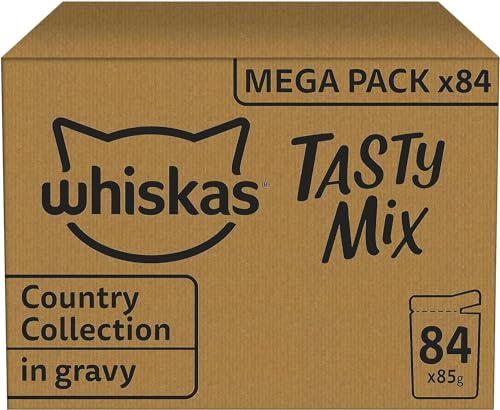 WHISKAS Repas pour Chat - 84 Sachets Fraîcheur de 85g - Pâtée pour Chat Adulte en Sauce - Tasty Mix Recettes de Campagne (4 Variétés) – Nourriture Humide Complète & Equilibrée, 84x85g