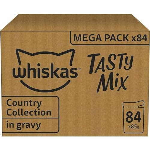 WHISKAS Repas pour Chat – 84 Sachets Fraîcheur de 85g – Pâtée pour Chat Adulte en Sauce – Tasty Mix Recettes de Campagne (4 Variétés) – Nourriture Humide Complète & Equilibrée, 84x85g