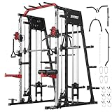 Garvee Smith Machine, 2200 LBS Squat Rack with LAT-Pull Down System, Cable Crossover Machine, Smith Bar, Home Gym All in One Training Equipment with Leg Hold-Down and More Attachments, Red&Black