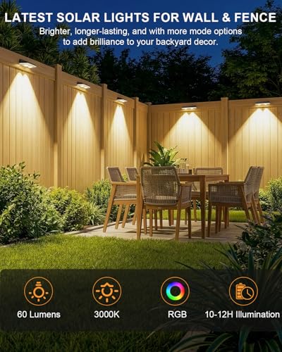 Image of Solar Fence Lights Outdoor, 14 Pack Warm White & RGB 8 Colors Fence Lights Solar Powered Ultra-Bright LED Lens Waterproof Outdoor Solar Lights for Fence, Backyard, Railing, Patio, Wall, Step, Deck
