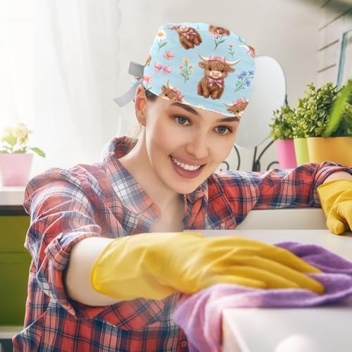 Image of 2 PCS Bouffant Cap with Button Ponytail Pouch Working Cap Sweatband Adjustable Surgical Cap Black and White Cow
