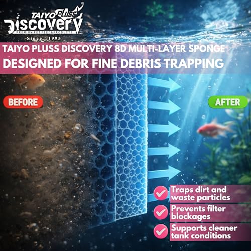 Image of Taiyo Pluss Discovery 8D Aquarium Filter Sponge Pad - 25 x 11 cm (4 Pack) | 8-Layer Reusable & Washable Fish Tank Filter Media | Cut to Fit Sponge for Clear Water | for Top Aquarium & Pond Filters