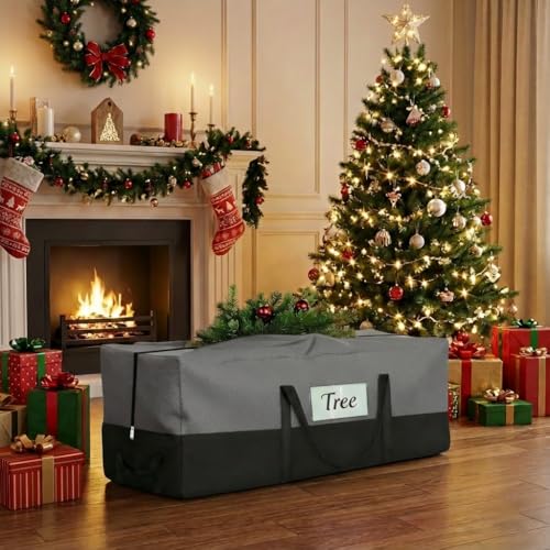 Image of Christmas Tree Storage Bag, Fits 10-12 Ft Artificial Trees, Gray | Wide Dual-Zipper Opening, Reinforced Handles, Clear Label Pocket, Tear-Resistant 600D Oxford, Dust and Moisture Protection