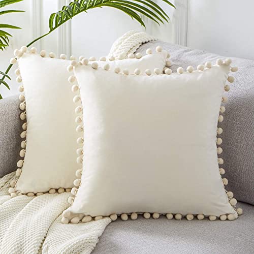 Top Finel Pack of 2 Decorative Pillow Covers 16x16 Inches Cream Velvet Throw Pillow Covers with Pom-poms Off White Square Cushion Cases for Couch Sofa Bedroom Car 40x40 cm Modern Home Decor