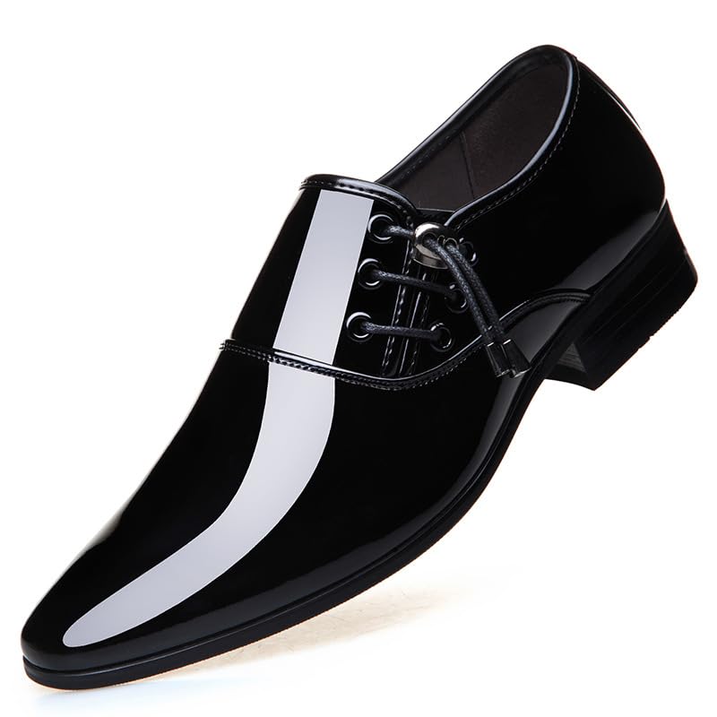 Dress Oxford for Men Lace Up Pointed Toe Vegan Leather Shiny Shoes Slip Resistant Rubber Sole Anti-slip Wedding