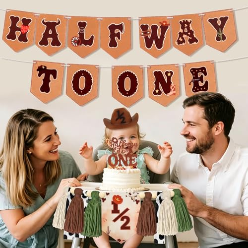 Image of 1 /2 Birthday Boy Half Birthday Decorations - Western Cowboy Half Way to One Banner, My First Rodeo Birthday Hat, Cake Topper, Tassel Chair Banner for Boys 6 Months Birthday Decorations Party Supplies
