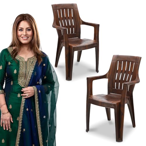 Image of MAHARAJA Heavy Duty Plastic Chairs with Arm Rest | Comfortable |200Kg Capacity (Teakwood,Pack of 2)