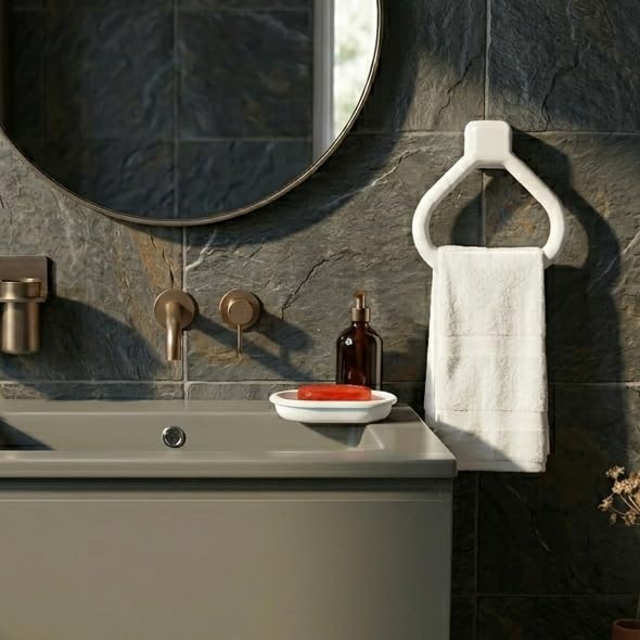 Image of CIPLA PLAST Modern Wall Mounted Towel Ring Holder | Self-Adhesive Towel Ring for Bathroom | Premium Plastic Bathroom Hand Towel Hanger, Durable & Rust-Free, Easy Installation, (Towel Ring & Soap Dish)