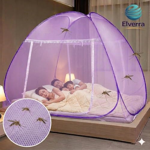 Image of Premium Mosquito Net for King Size Double Bed (6X 6 Feet), Easy Foldable Machardani with Corrosion Resistant PVC Coated Steel Frame, 30GSM 50 Denier Mesh (Full Purple)