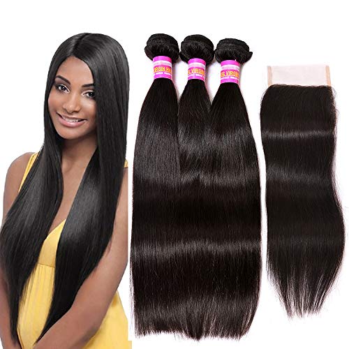 VIOLET Hair Straight 3Bundles with Closure (16''18''20''+14''closure) Unprocessed Brazilian Human Hair Bundles with Free Part Lace 4×4 Closure for Women Natural Black