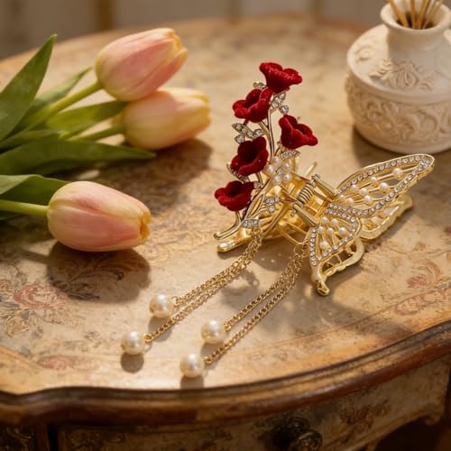 Pinza para cabello con perlas y flores de terciopelo miniatura 5