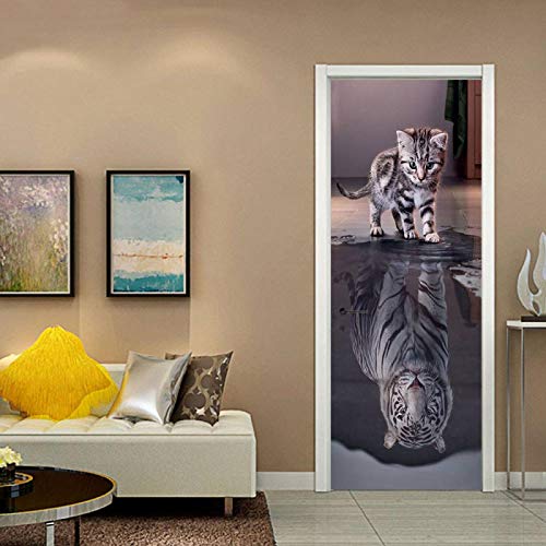 LuSeven autocollant frigo Chat reflet tigre animal 50x125cm(19.68 inches * 49.21 inches) Sticker Porte, Porte Autocollant en PVC Auto-adhésifs, Effet 3D pour Décoration Porte, Art Photo Papier Peint